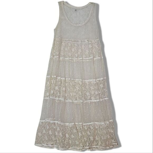 Billabong Maxi Lace Cream Sleeveless Tier Layered Boho Dress Layering Swim Cover - Picture 7 of 9